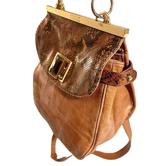 Badgley Mischka Brown Leather Snake Skin Jewel Turn-lock Crossbody Handbag - Picture 1 of 10